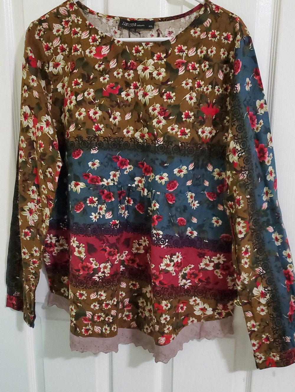 Zanzea Boho Olive, Teal & Burgundy Floral Layered Long Sleeve Cotton Top XXL
